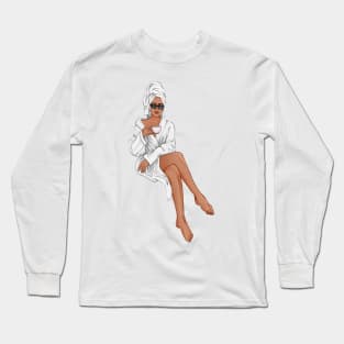 American Woman with Coffee in white Robe Long Sleeve T-Shirt